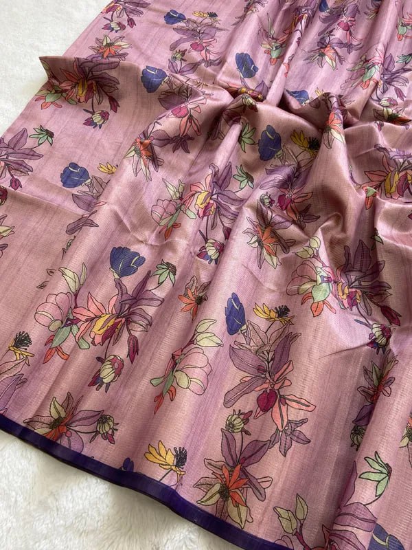 Purple Soft Tussar Silk Saree With Beautiful Print With Attractive Pallu And Contrast Pallu With Tassal