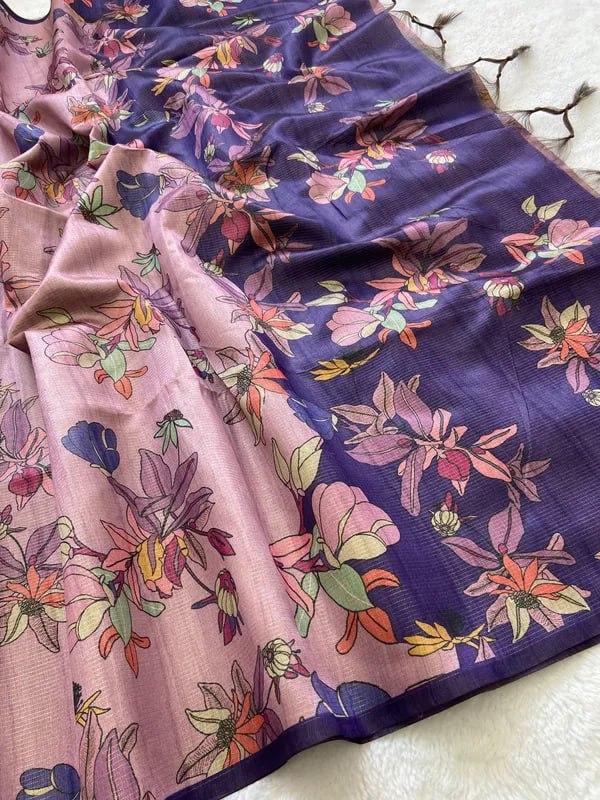 Purple Soft Tussar Silk Saree With Beautiful Print With Attractive Pallu And Contrast Pallu With Tassal