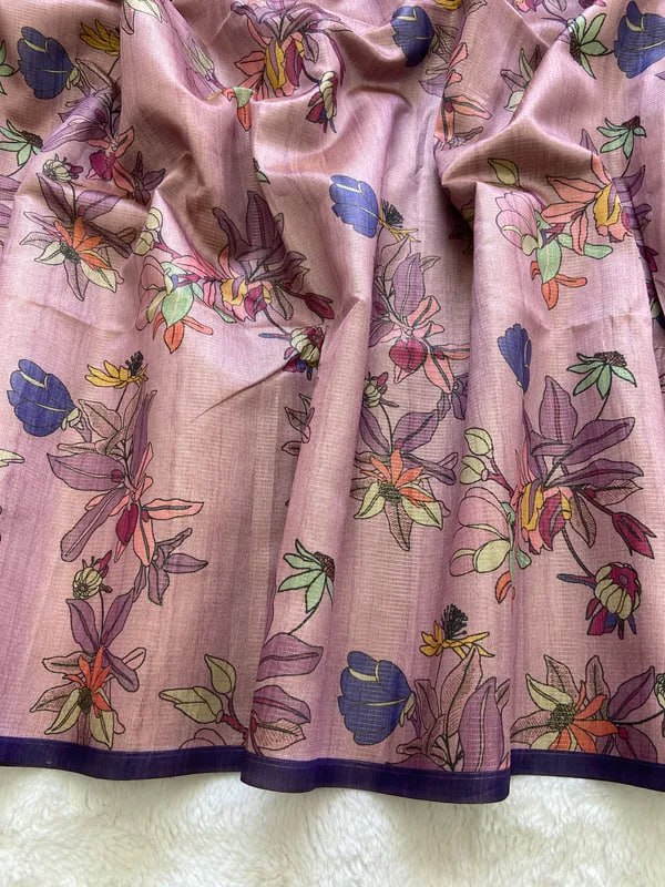 Purple Soft Tussar Silk Saree With Beautiful Print With Attractive Pallu And Contrast Pallu With Tassal