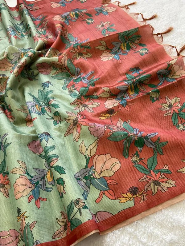 Red Soft Tussar Silk Saree With Beautiful Print With Attractive Pallu And Contrast Pallu With Tassal