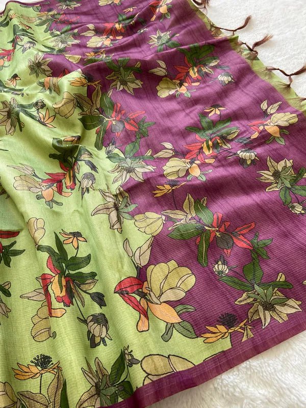 Wine Soft Tussar Silk Saree With Beautiful Print With Attractive Pallu And Contrast Pallu With Tassal