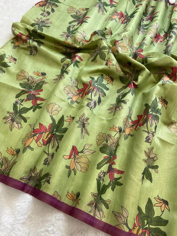 Wine Soft Tussar Silk Saree With Beautiful Print With Attractive Pallu And Contrast Pallu With Tassal