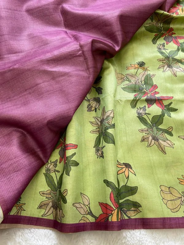 Wine Soft Tussar Silk Saree With Beautiful Print With Attractive Pallu And Contrast Pallu With Tassal