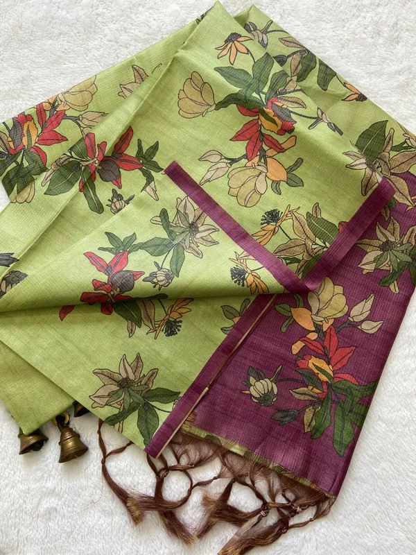 Wine Soft Tussar Silk Saree With Beautiful Print With Attractive Pallu And Contrast Pallu With Tassal