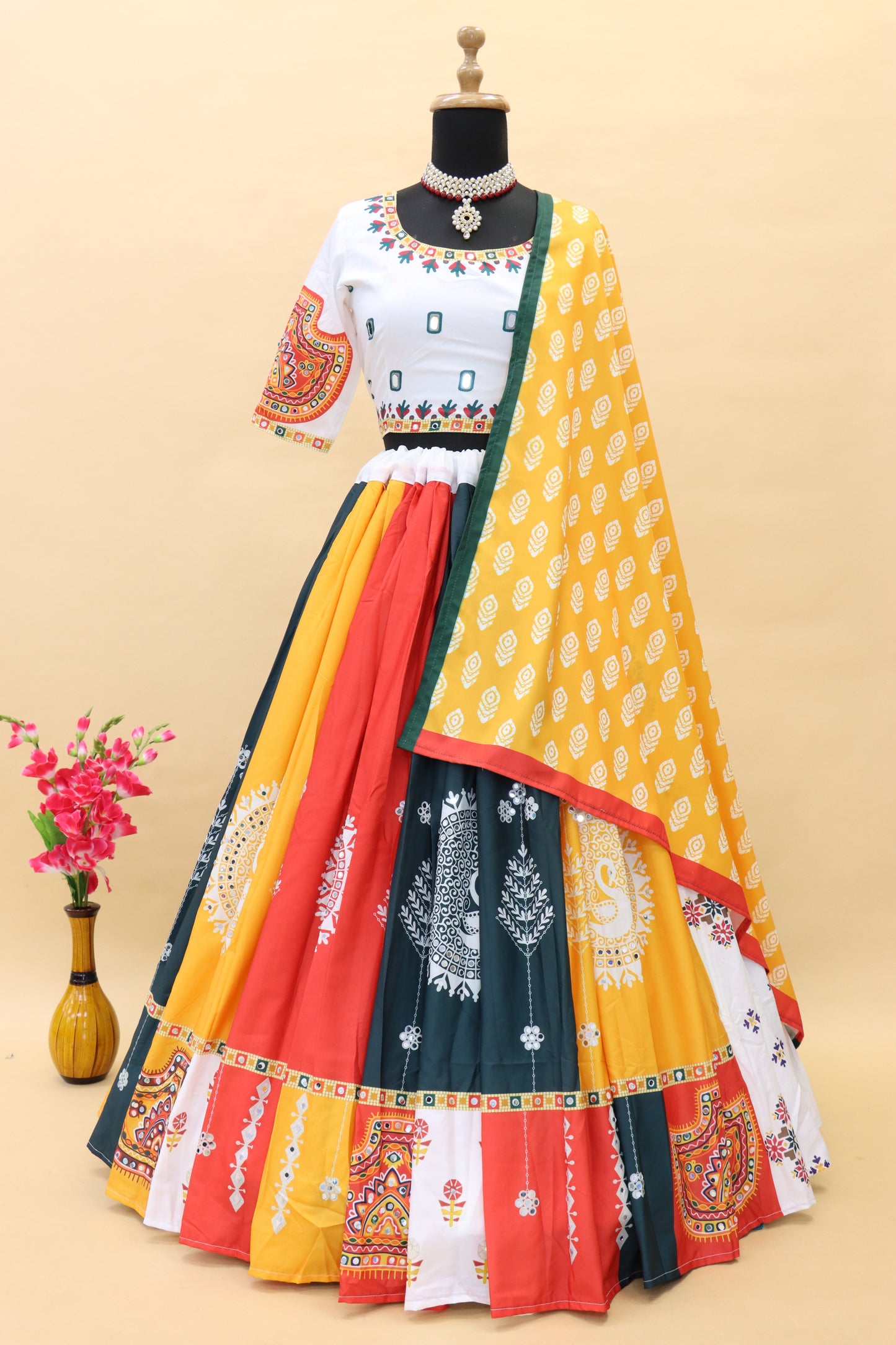 Bottle Green Bottle Green Lehenga Choli with Mirror work and attached Yellow Dupatta