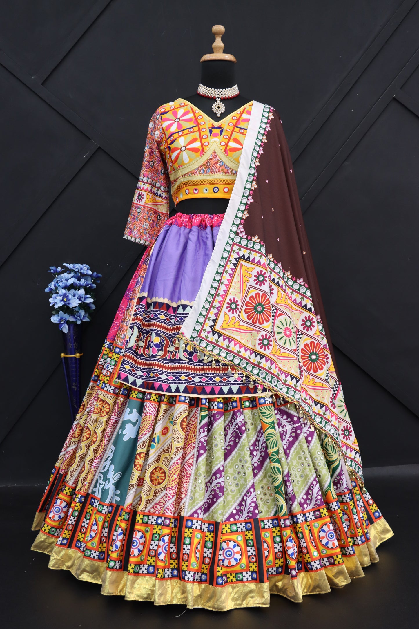 Multi Mustard Lehenga Choli with Mirror work and attached Black Dupatta