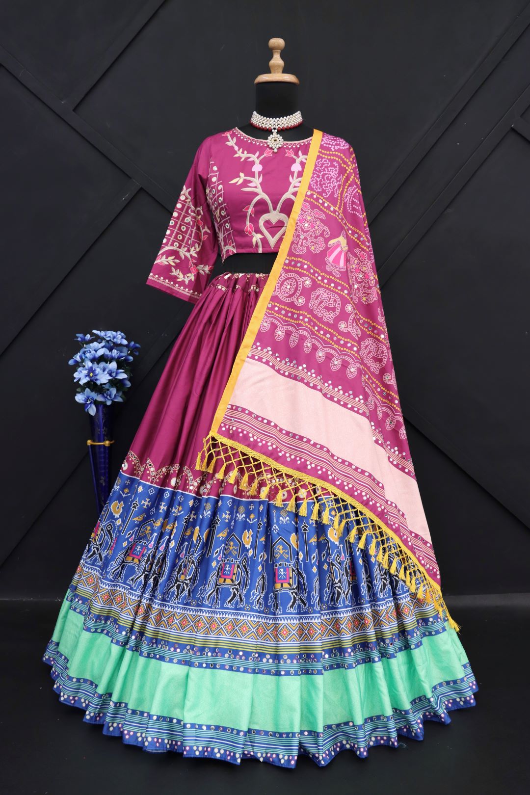 Designer Printed Lehenga Choli in Heavy Butter Silk with Real Mirror Work