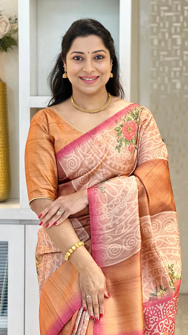 Brown Soft Tussar Silk Saree With Beautiful Print With Attractive Pallu And Contrast Pallu With Tassal