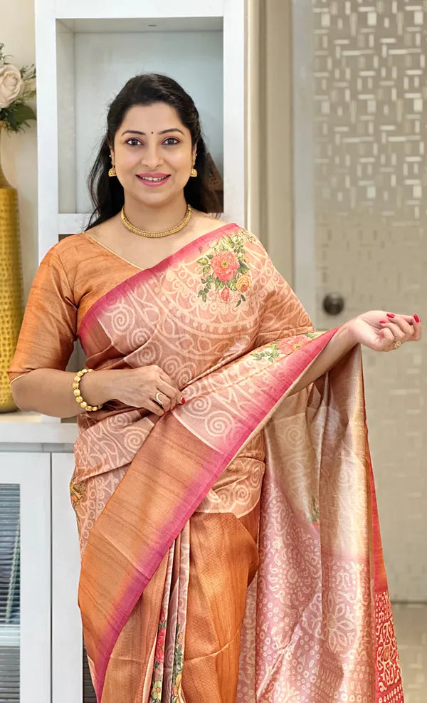Brown Soft Tussar Silk Saree With Beautiful Print With Attractive Pallu And Contrast Pallu With Tassal