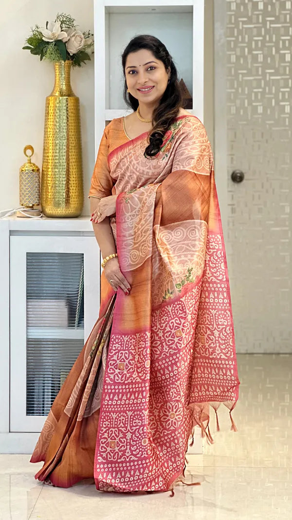 Brown Soft Tussar Silk Saree With Beautiful Print With Attractive Pallu And Contrast Pallu With Tassal