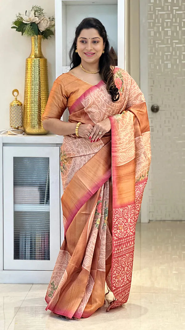 Brown Soft Tussar Silk Saree With Beautiful Print With Attractive Pallu And Contrast Pallu With Tassal