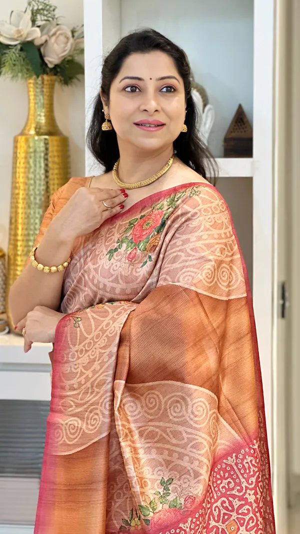 Brown Soft Tussar Silk Saree With Beautiful Print With Attractive Pallu And Contrast Pallu With Tassal