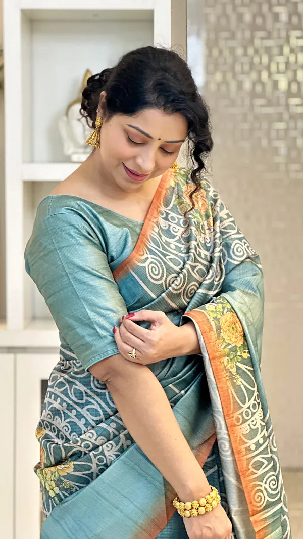 Grey Soft Tussar Silk Saree With Beautiful Print With Attractive Pallu And Contrast Pallu With Tassal