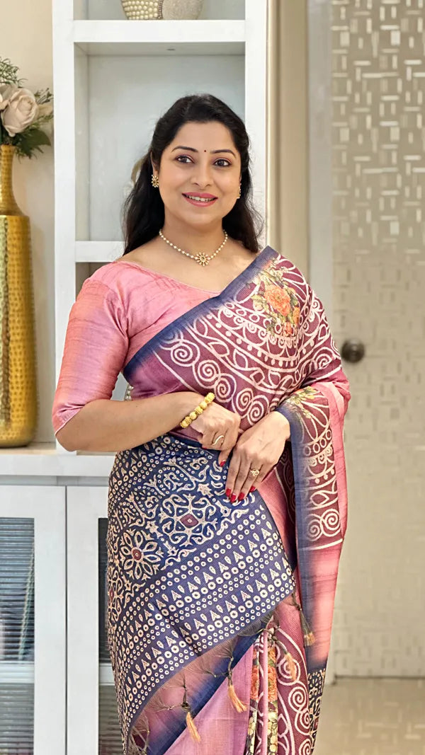 Pink Soft Tussar Silk Saree With Beautiful Print With Attractive Pallu And Contrast Pallu With Tassal