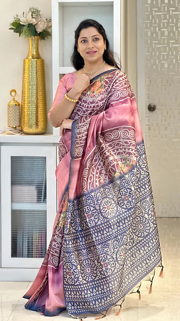Pink Soft Tussar Silk Saree With Beautiful Print With Attractive Pallu And Contrast Pallu With Tassal