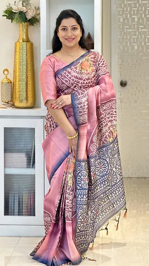 Pink Soft Tussar Silk Saree With Beautiful Print With Attractive Pallu And Contrast Pallu With Tassal