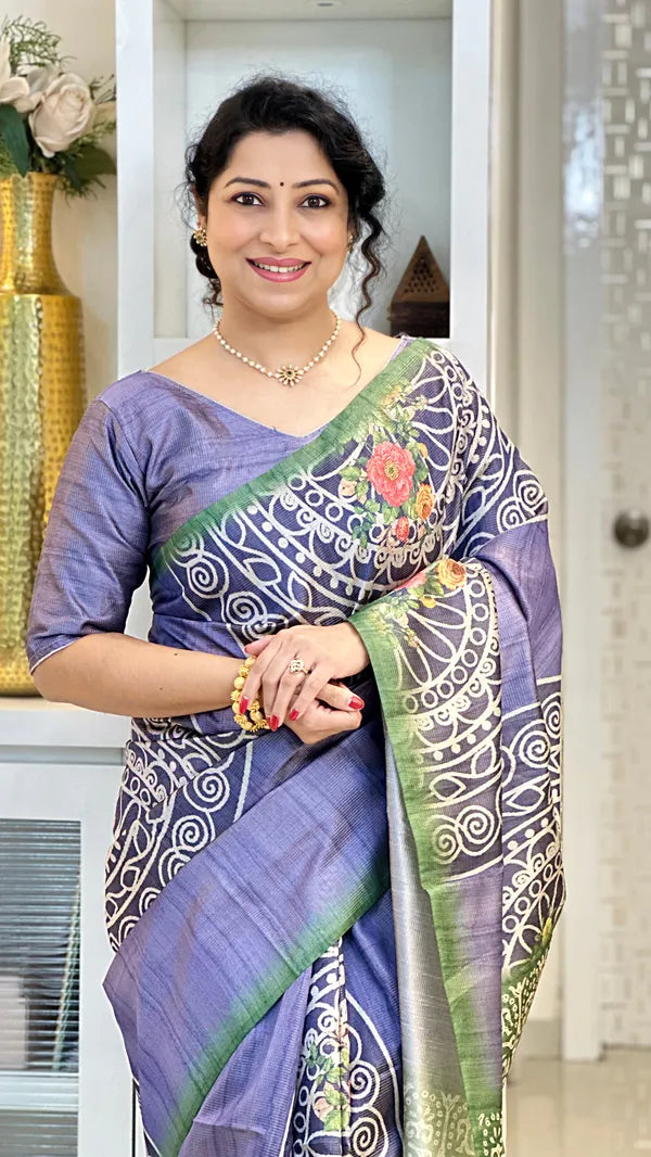 Purple Soft Tussar Silk Saree With Beautiful Print With Attractive Pallu And Contrast Pallu With Tassal