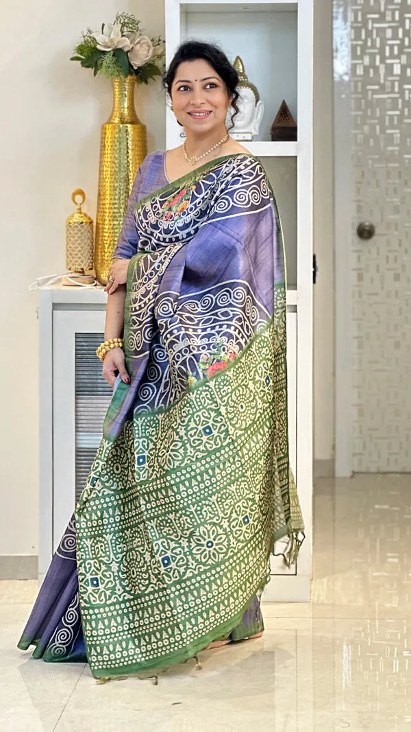 Purple Soft Tussar Silk Saree With Beautiful Print With Attractive Pallu And Contrast Pallu With Tassal