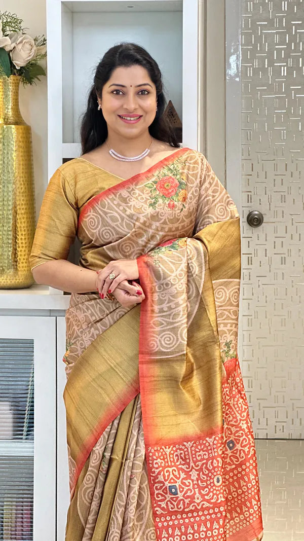 Yellow Soft Tussar Silk Saree With Beautiful Print With Attractive Pallu And Contrast Pallu With Tassal