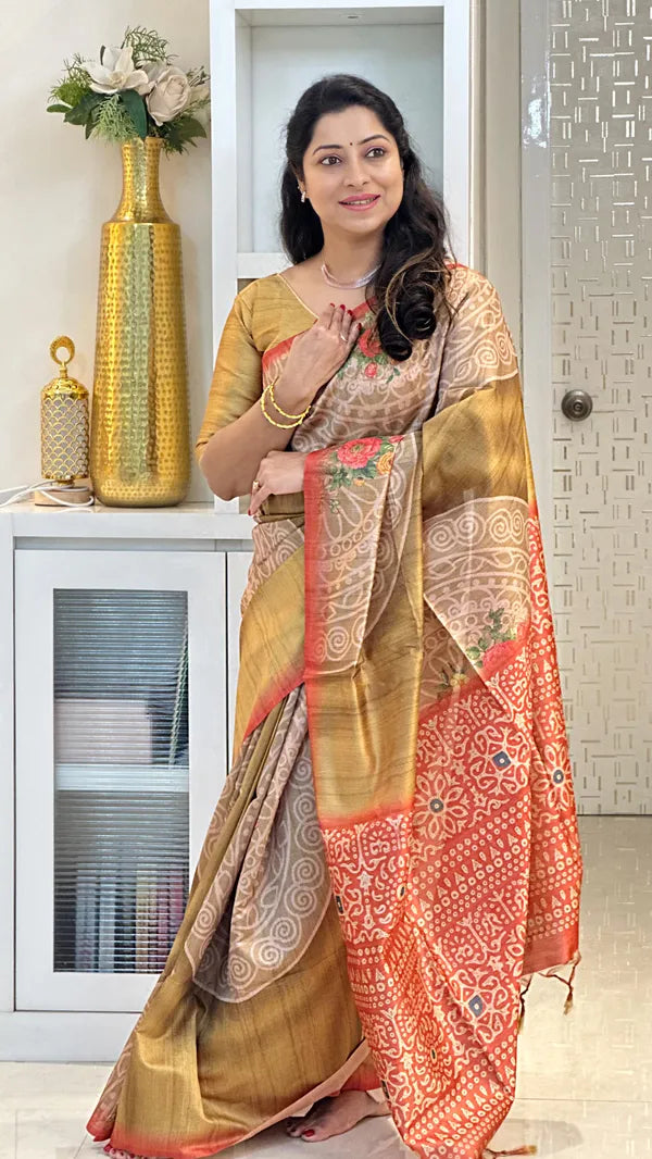 Yellow Soft Tussar Silk Saree With Beautiful Print With Attractive Pallu And Contrast Pallu With Tassal