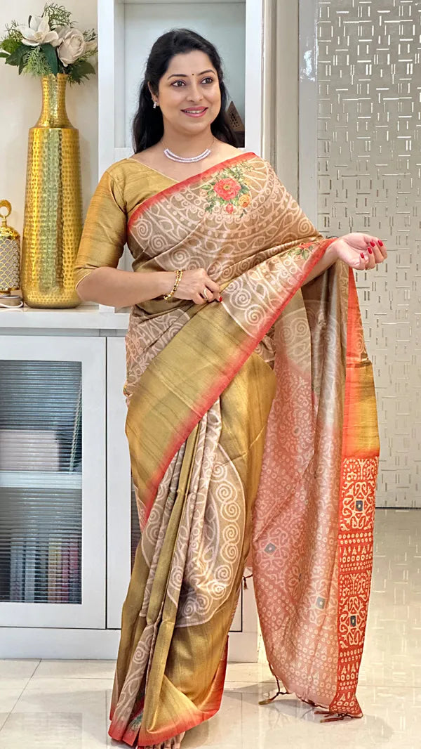 Yellow Soft Tussar Silk Saree With Beautiful Print With Attractive Pallu And Contrast Pallu With Tassal