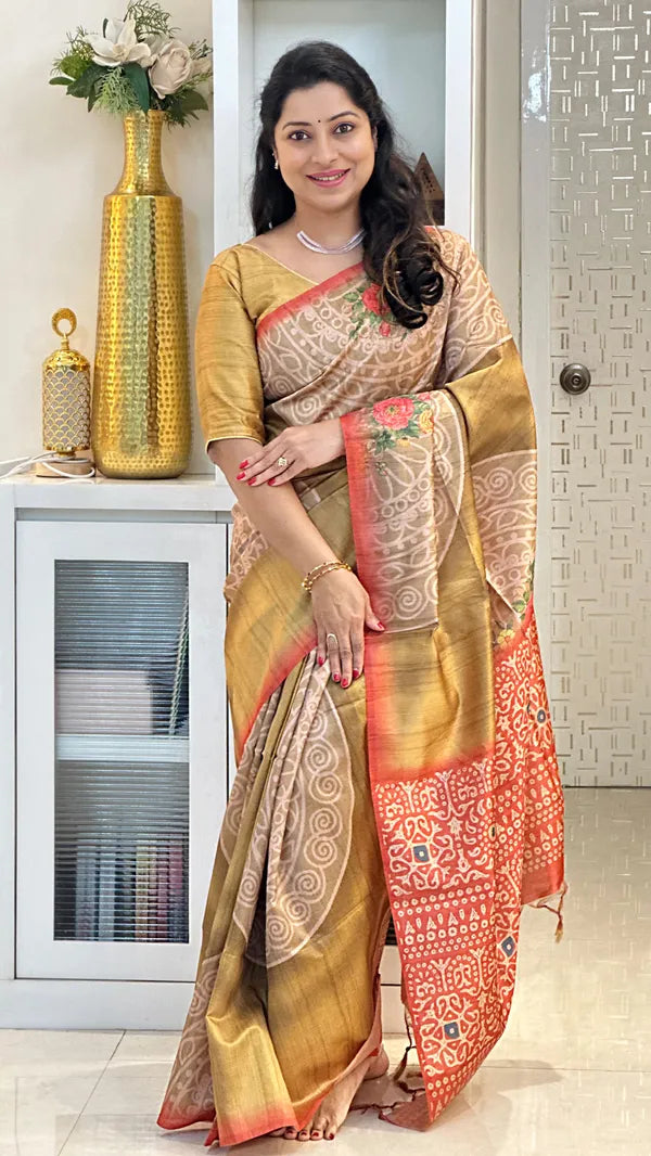 Yellow Soft Tussar Silk Saree With Beautiful Print With Attractive Pallu And Contrast Pallu With Tassal