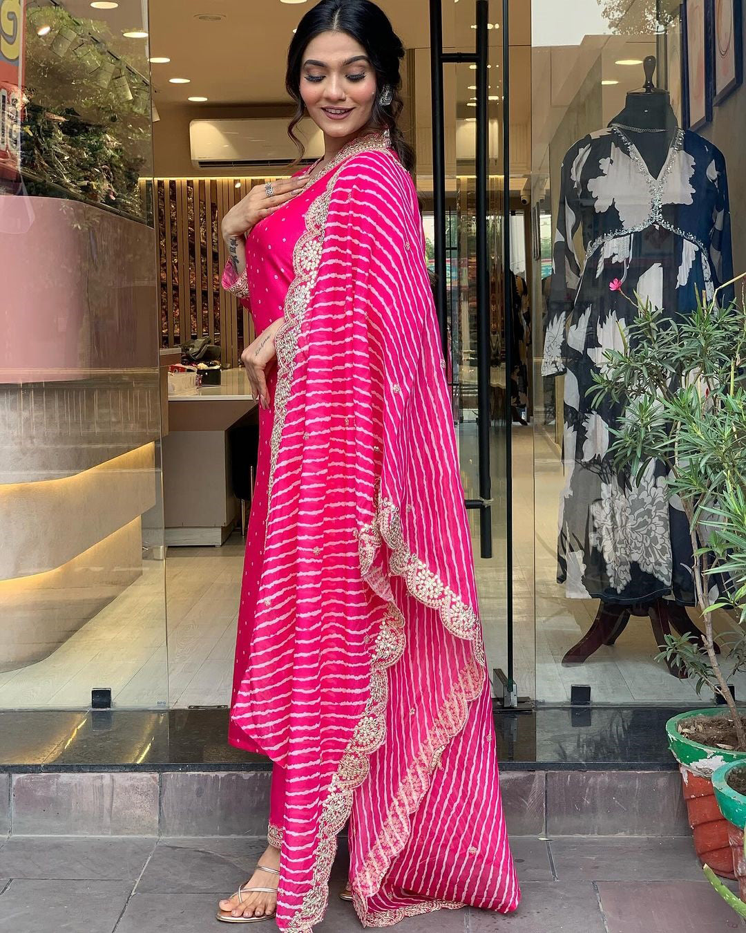 RANI PINK REYON EMBROIDERY WORK KURTI PANT WITH FANCY DUPATTA