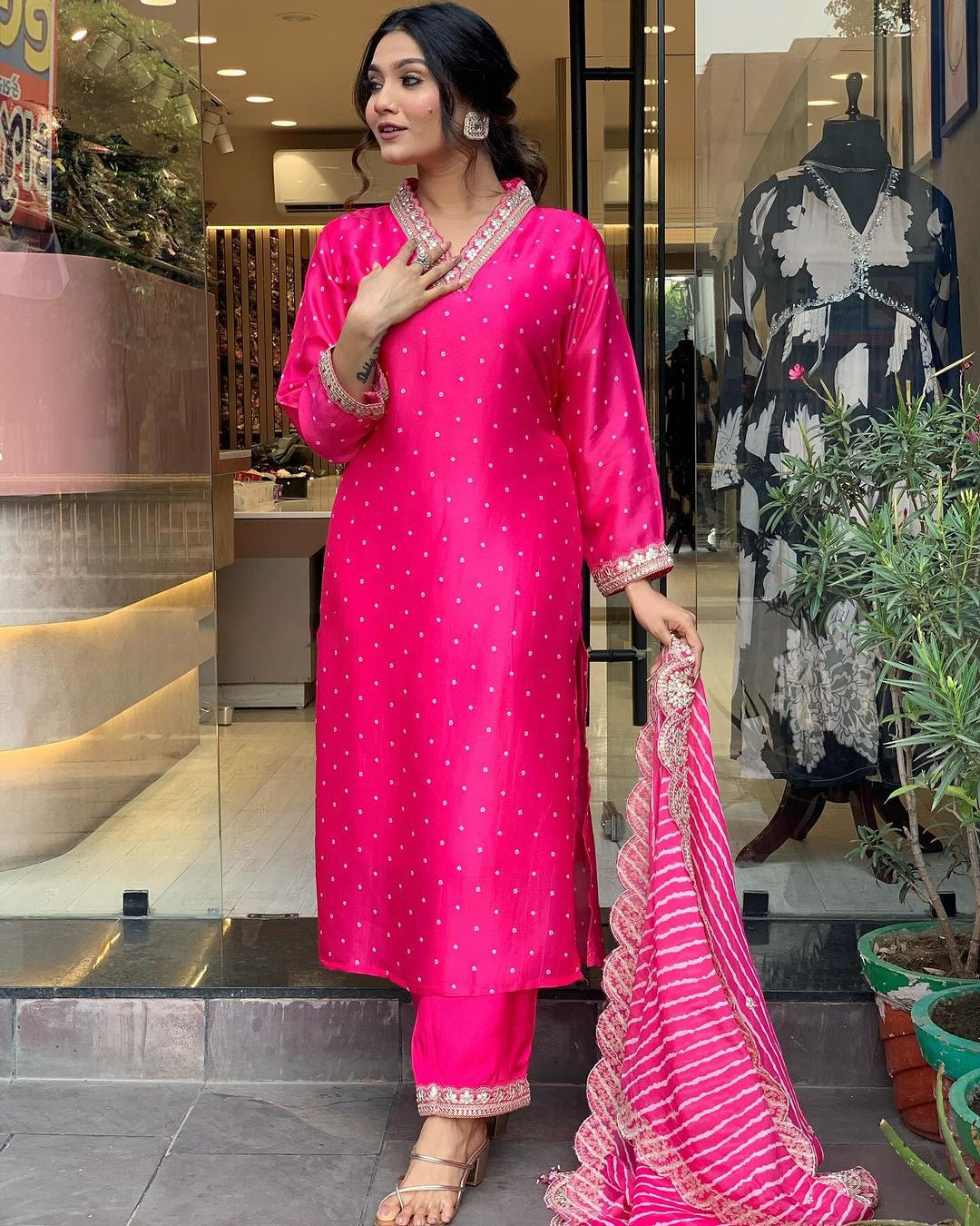RANI PINK REYON EMBROIDERY WORK KURTI PANT WITH FANCY DUPATTA