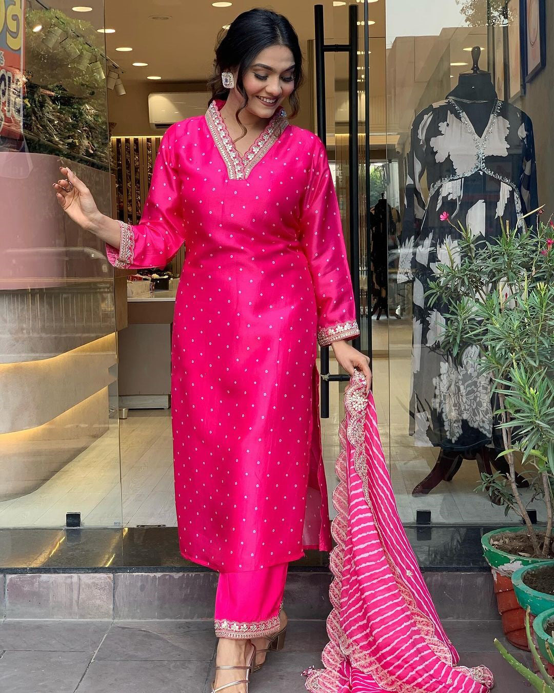 RANI PINK REYON EMBROIDERY WORK KURTI PANT WITH FANCY DUPATTA