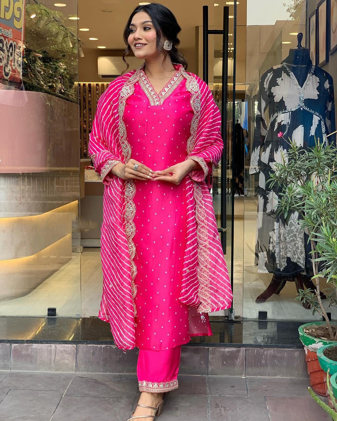RANI PINK REYON EMBROIDERY WORK KURTI PANT WITH FANCY DUPATTA