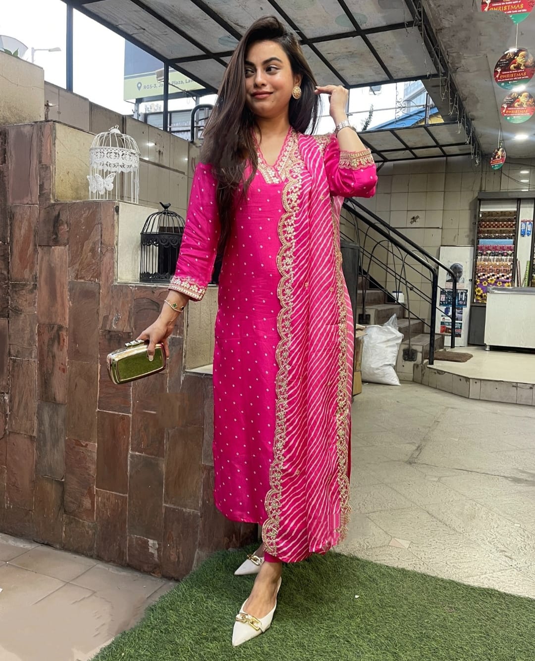 RANI PINK REYON EMBROIDERY WORK KURTI PANT WITH FANCY DUPATTA
