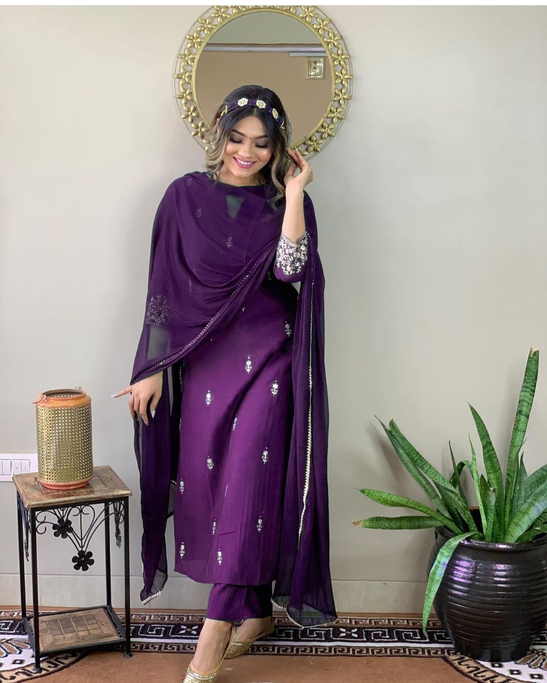 PURPLE REYON EMBROIDERY WORK KURTI PANT WITH FANCY DUPATTA