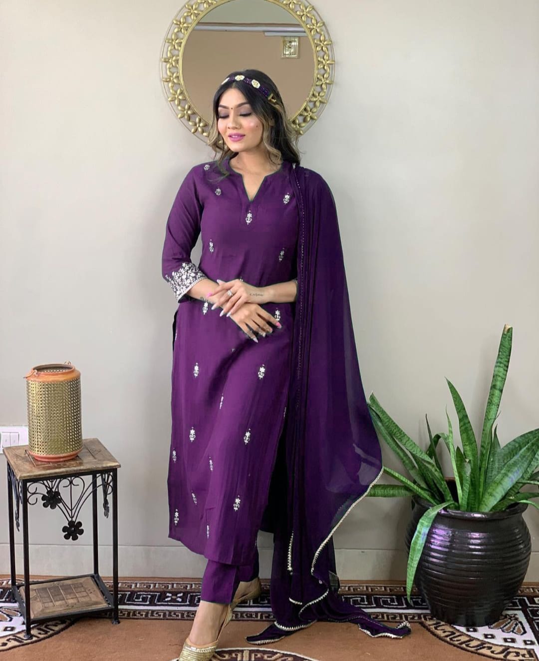 PURPLE REYON EMBROIDERY WORK KURTI PANT WITH FANCY DUPATTA