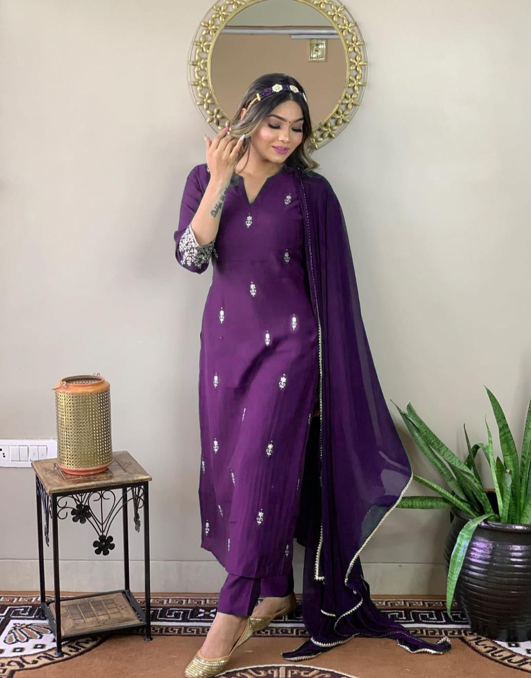 PURPLE REYON EMBROIDERY WORK KURTI PANT WITH FANCY DUPATTA