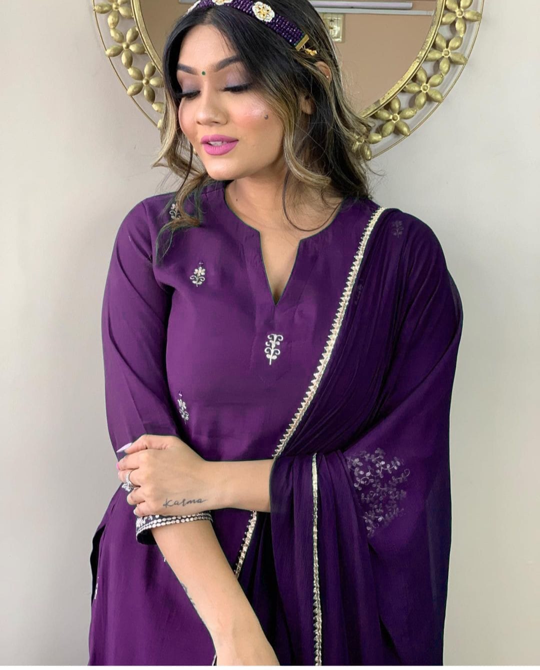 PURPLE REYON EMBROIDERY WORK KURTI PANT WITH FANCY DUPATTA