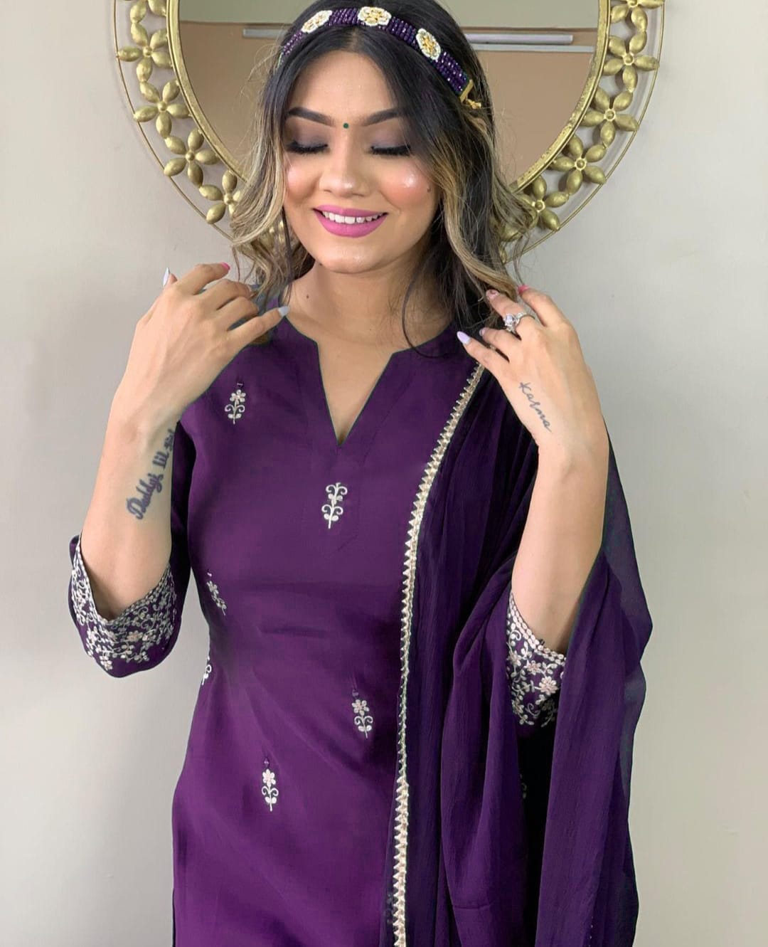 PURPLE REYON EMBROIDERY WORK KURTI PANT WITH FANCY DUPATTA