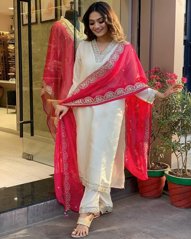 pink REYON EMBROIDERY WORK KURTI PANT WITH FANCY DUPATTA