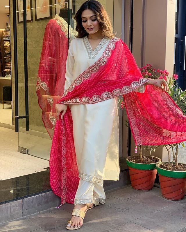 pink REYON EMBROIDERY WORK KURTI PANT WITH FANCY DUPATTA