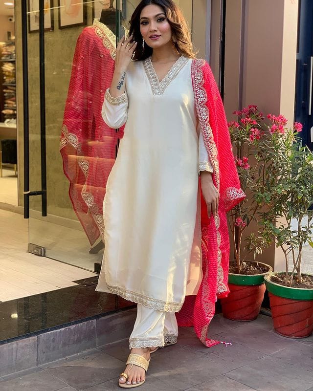 pink REYON EMBROIDERY WORK KURTI PANT WITH FANCY DUPATTA