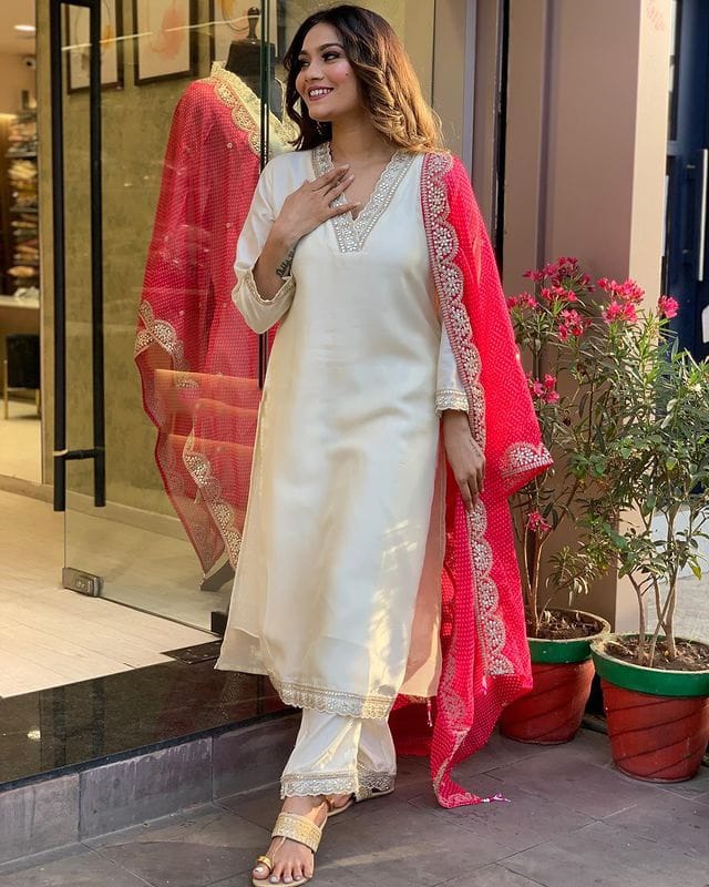 pink REYON EMBROIDERY WORK KURTI PANT WITH FANCY DUPATTA