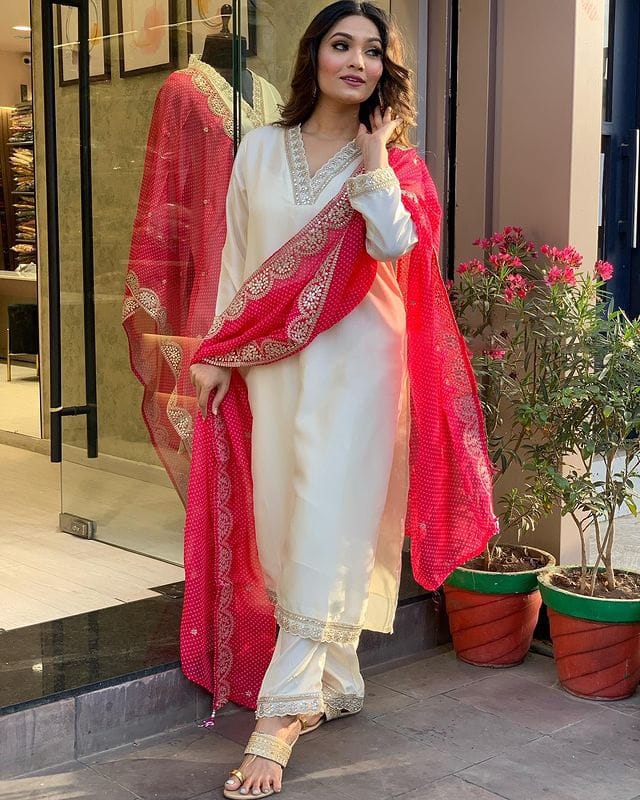 pink REYON EMBROIDERY WORK KURTI PANT WITH FANCY DUPATTA