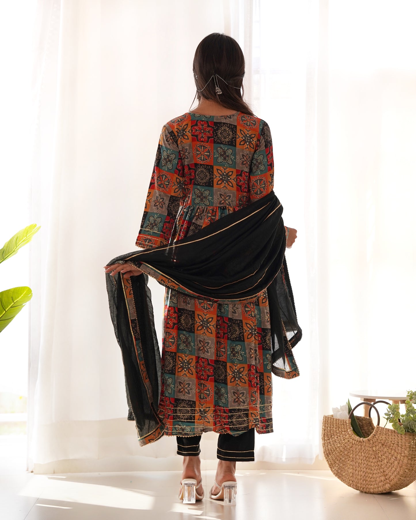 BLACK MUSLIN EMBROIDERY WORK KURTI PANT WITH FANCY DUPATTA