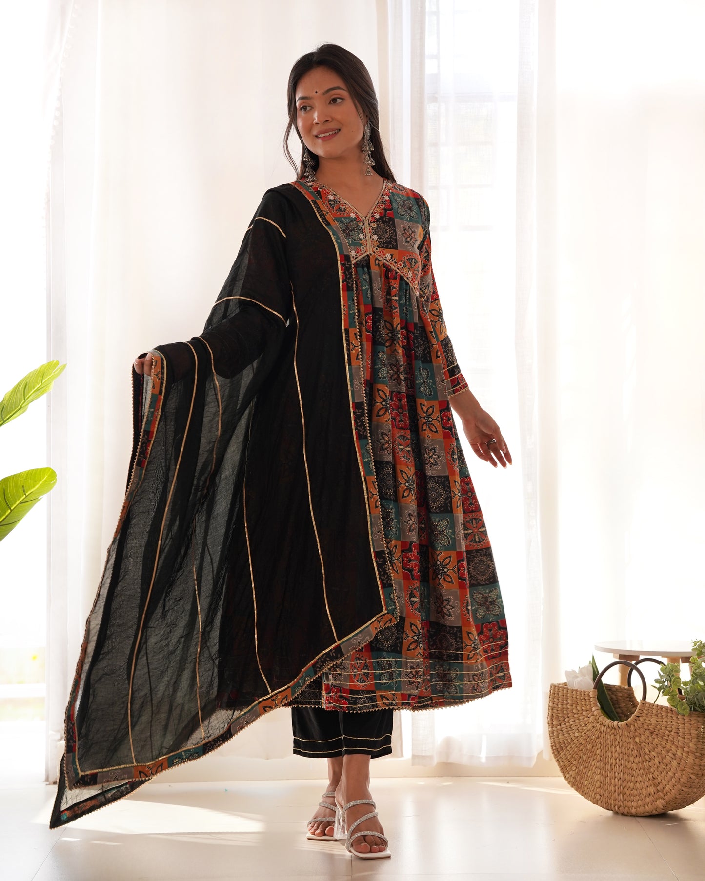 BLACK MUSLIN EMBROIDERY WORK KURTI PANT WITH FANCY DUPATTA