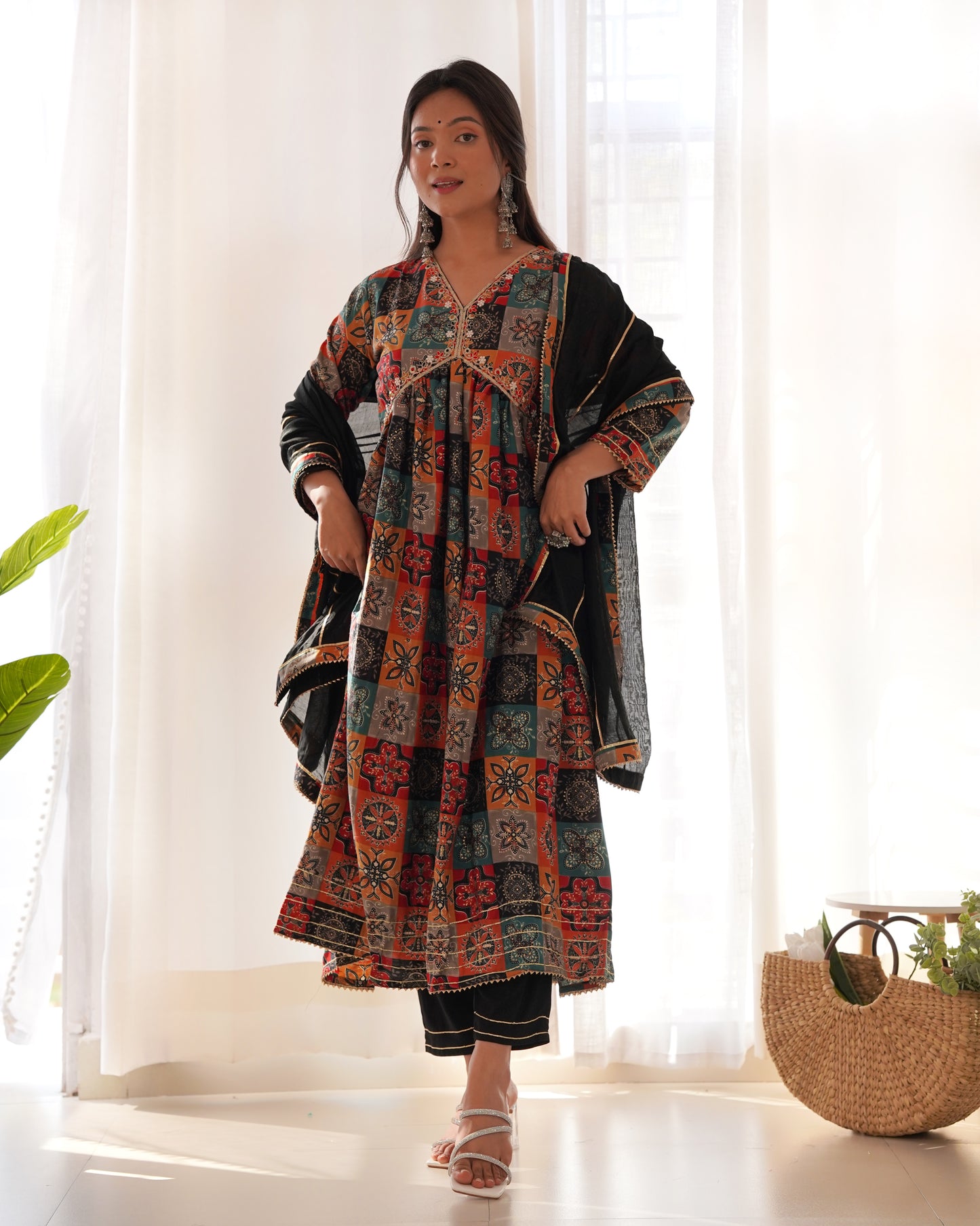 BLACK MUSLIN EMBROIDERY WORK KURTI PANT WITH FANCY DUPATTA