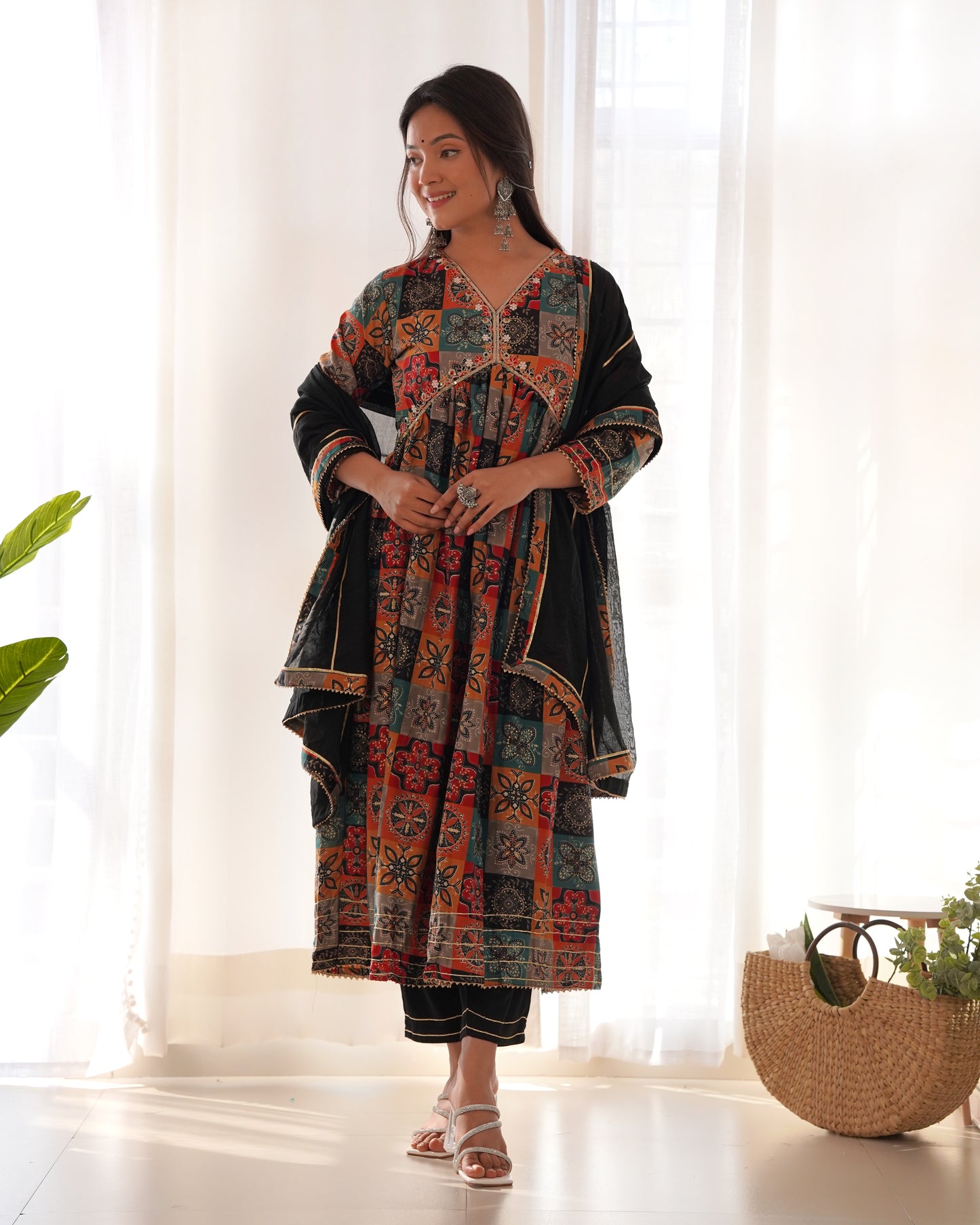 BLACK MUSLIN EMBROIDERY WORK KURTI PANT WITH FANCY DUPATTA