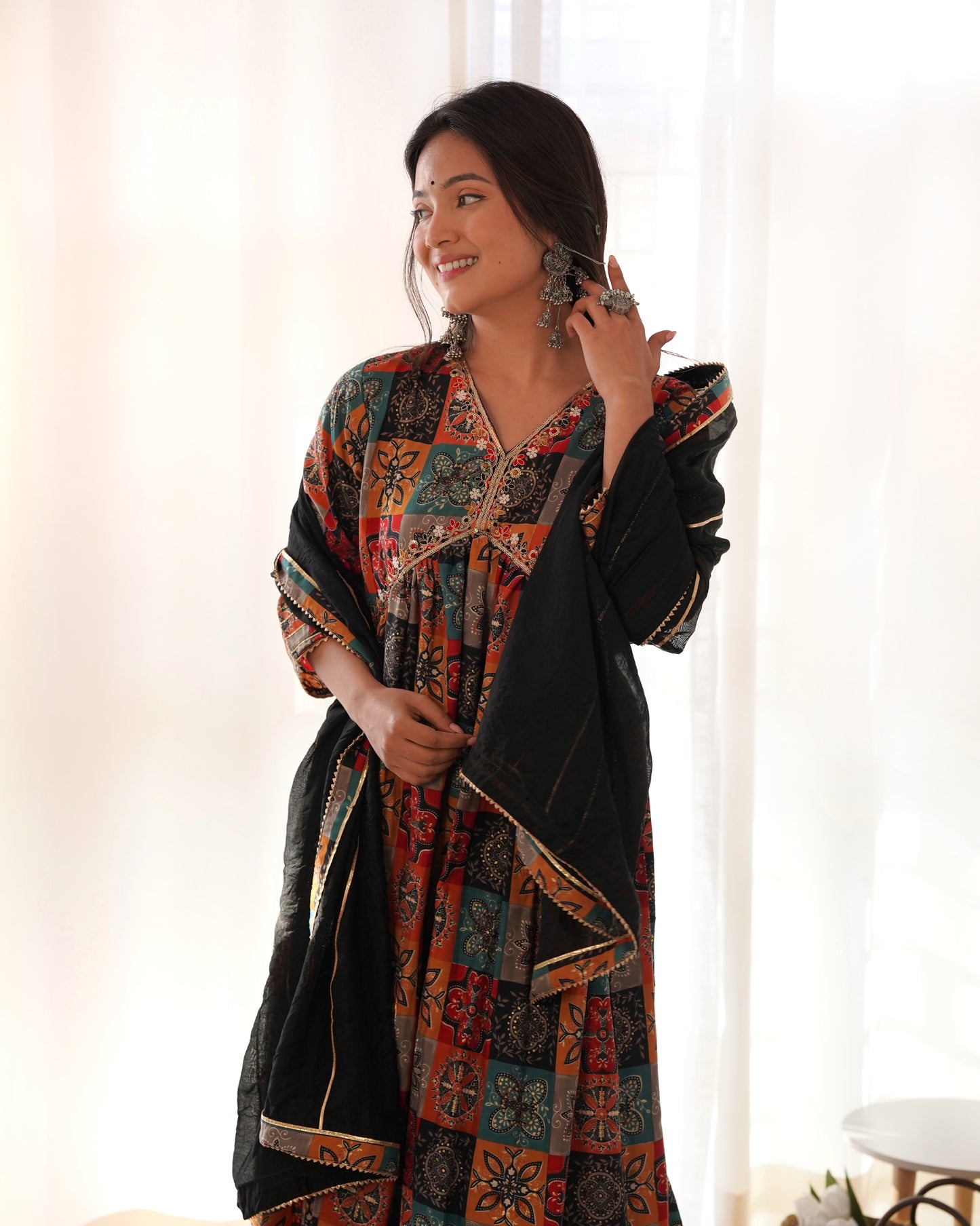 BLACK MUSLIN EMBROIDERY WORK KURTI PANT WITH FANCY DUPATTA