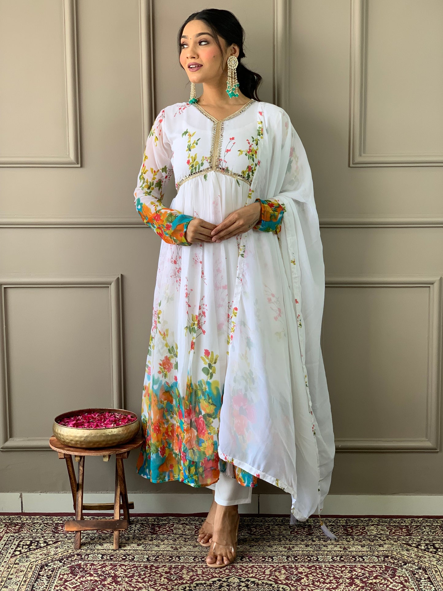 WHITE GEORGETTE EMBROIDERY WORK KURTI PANT WITH FANCY DUPATTA