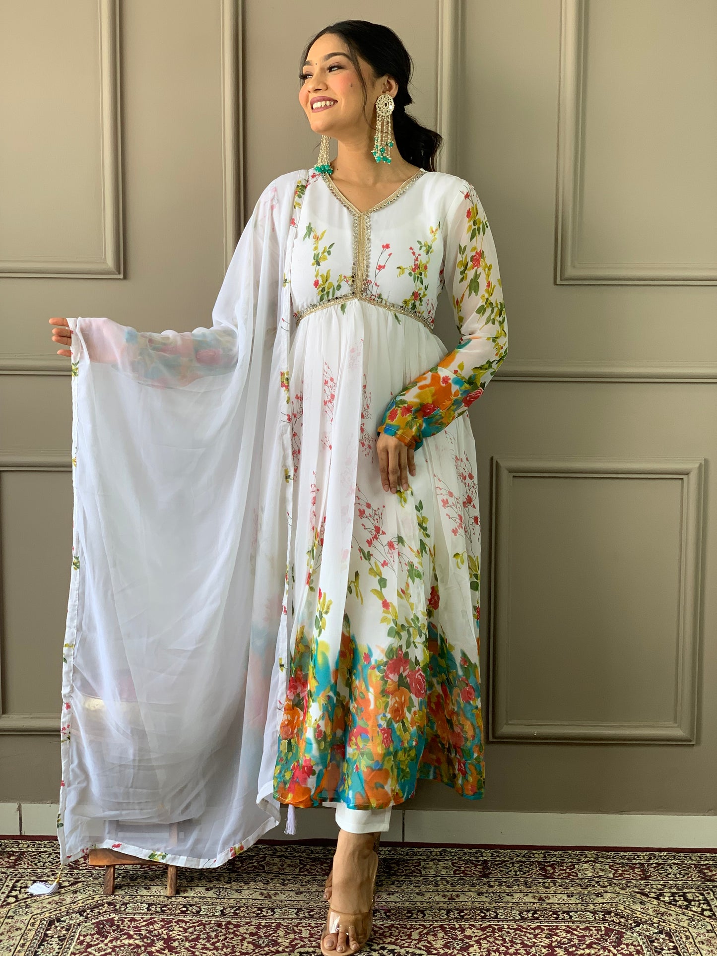 WHITE GEORGETTE EMBROIDERY WORK KURTI PANT WITH FANCY DUPATTA