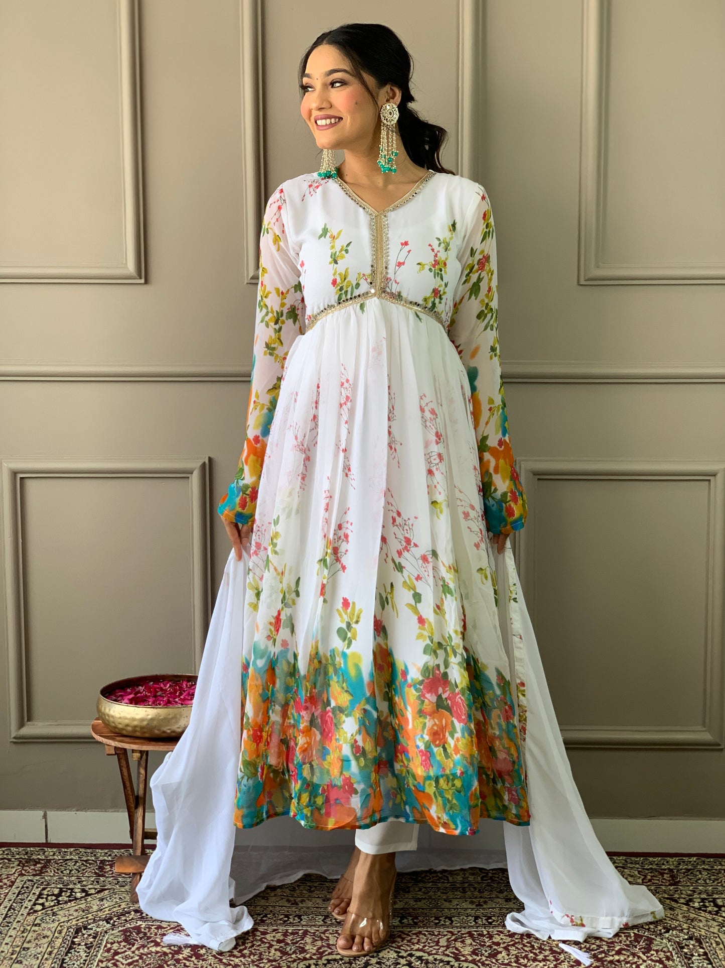 WHITE GEORGETTE EMBROIDERY WORK KURTI PANT WITH FANCY DUPATTA