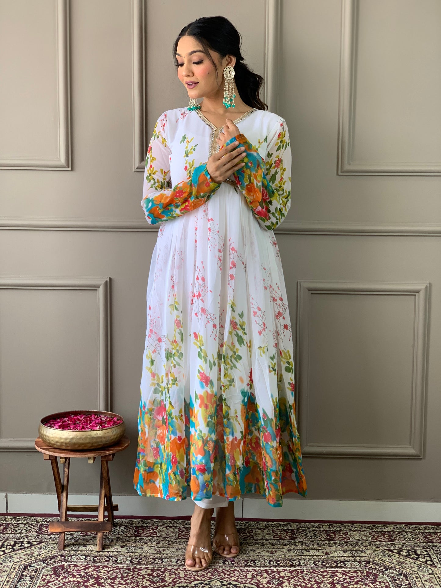 WHITE GEORGETTE EMBROIDERY WORK KURTI PANT WITH FANCY DUPATTA